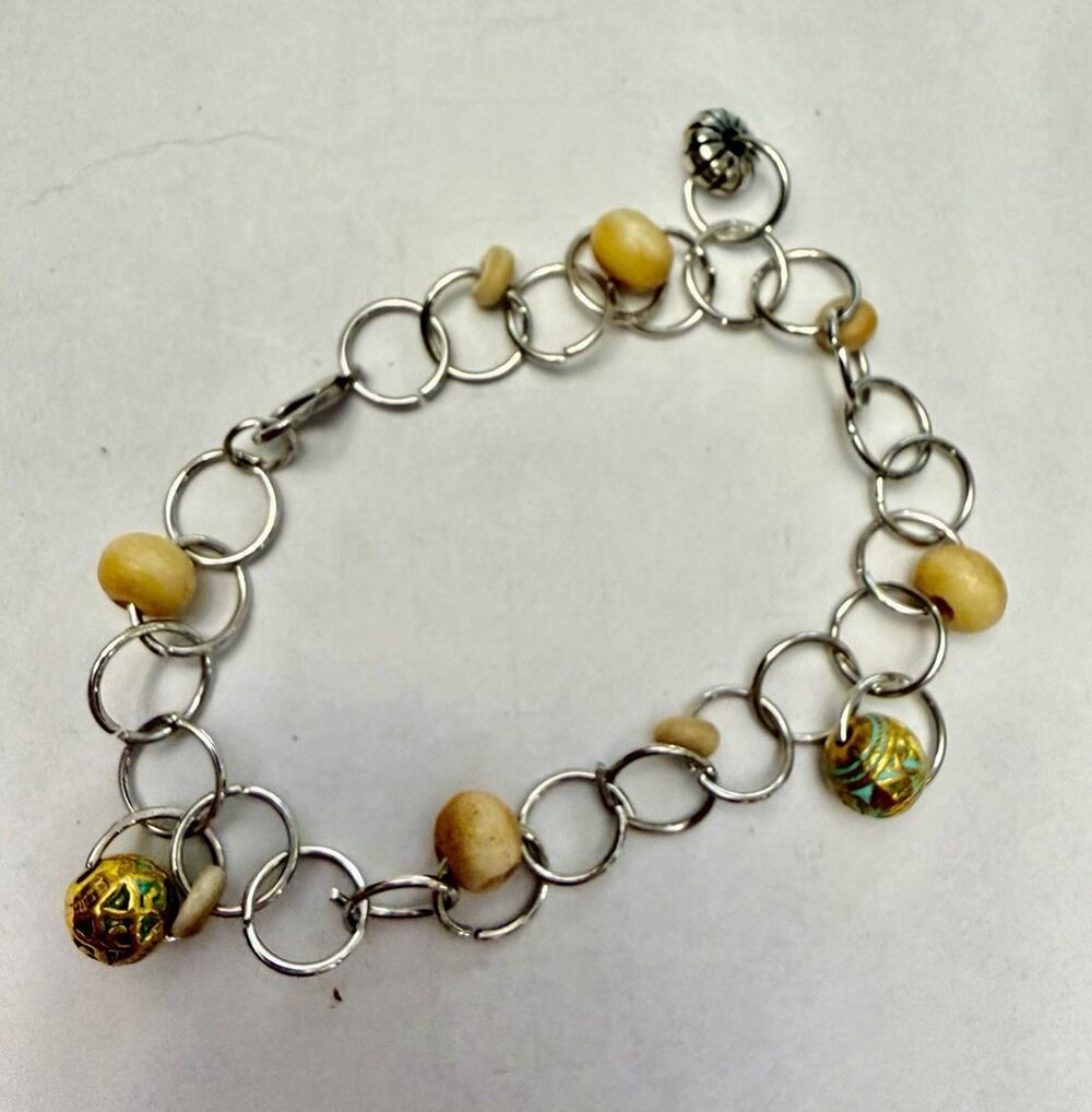 Silver Plated Round Link Charm Bracelet w/ Beige Beads, Dangle Charms, 7 in